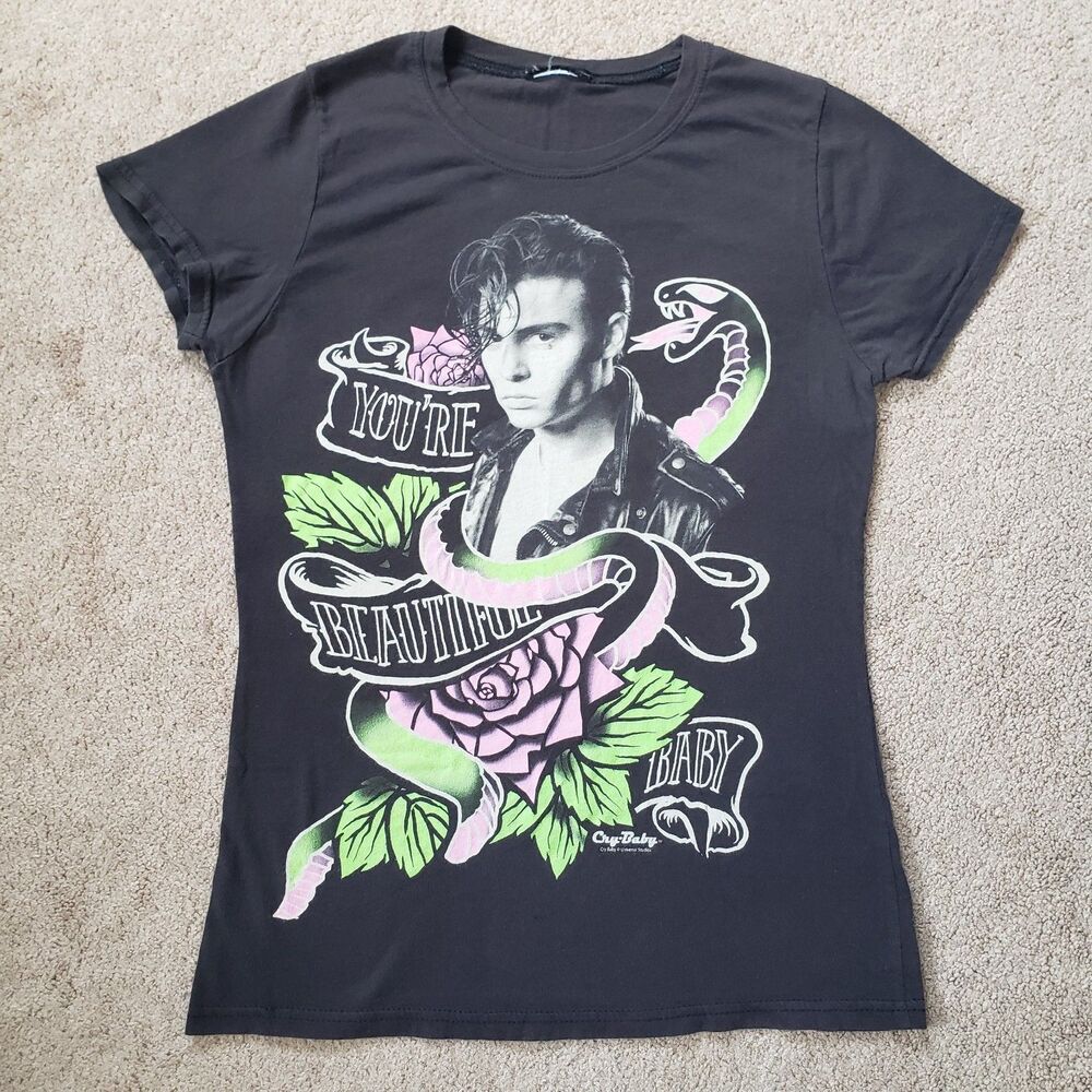 Vintage 90s Cry-Baby Wade Walker Graphic Baby Tee You Beautiful Faded Black Med